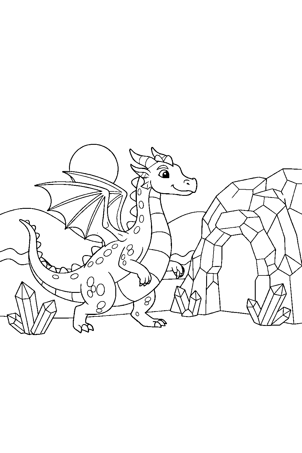 flying dragon walking proudly near a crystal cave line art