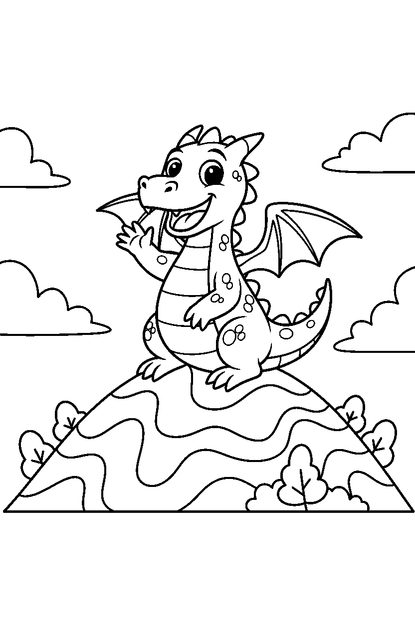 flying dragon waving happily on a mountain hill line art