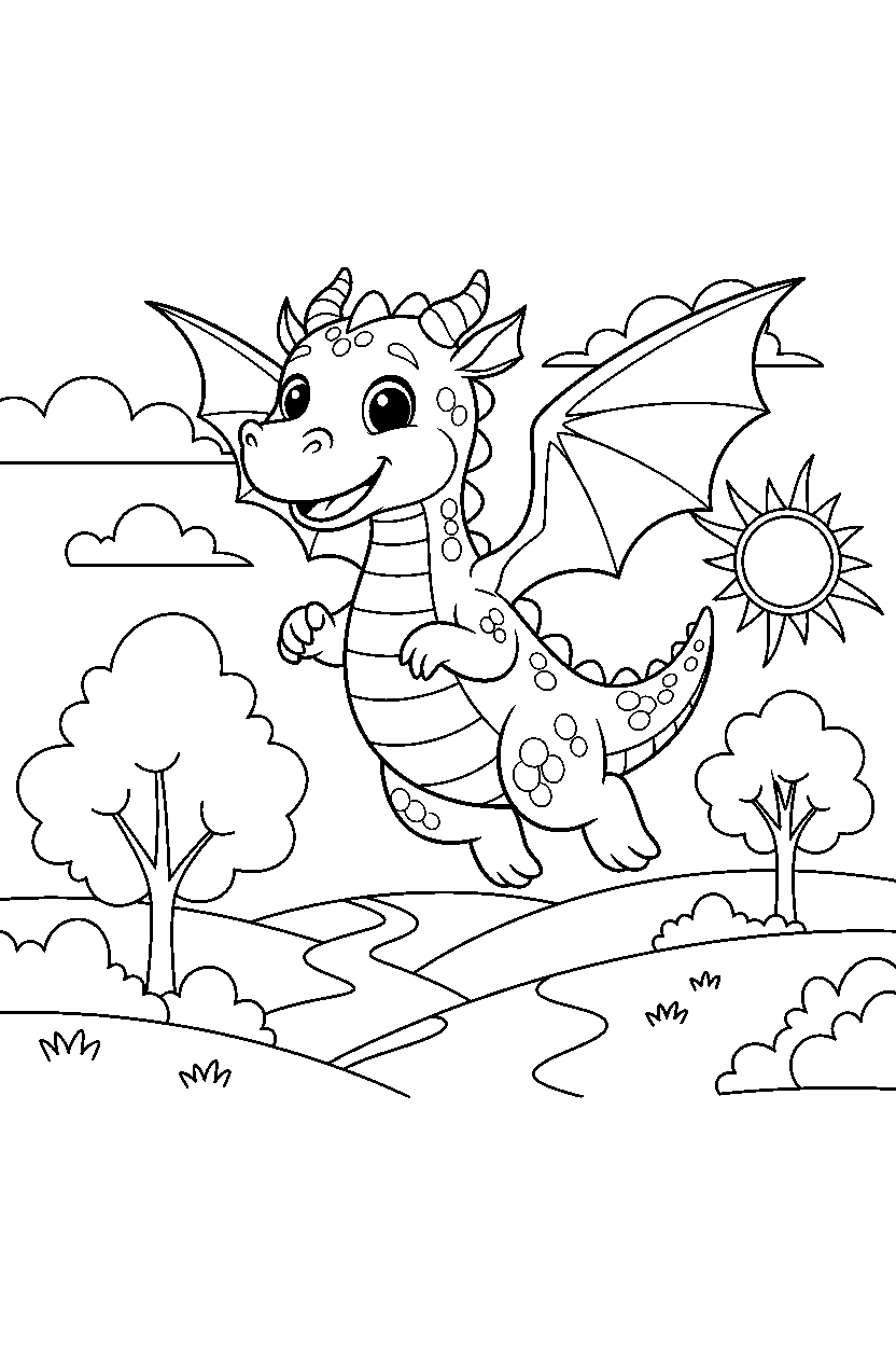 friendly dragon jumping happily in a peaceful countryside line art