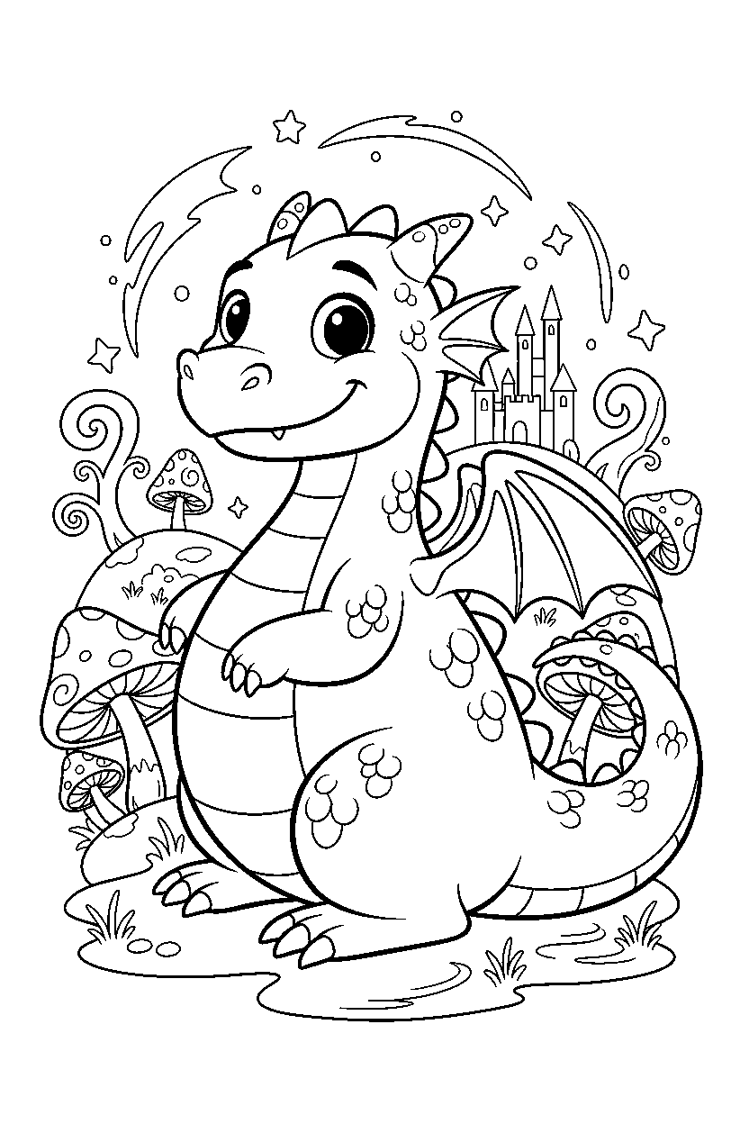 friendly dragon looking around in a magical landscape line art
