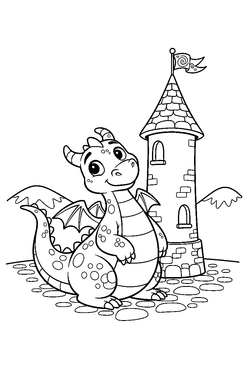 friendly dragon looking around near a castle tower line art