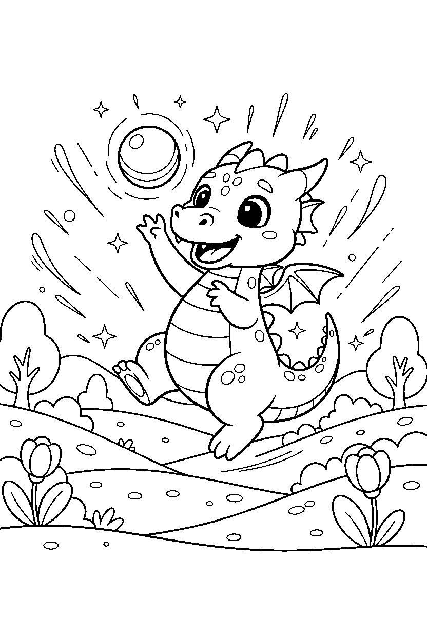 friendly dragon playing happily in a glowing valley line art