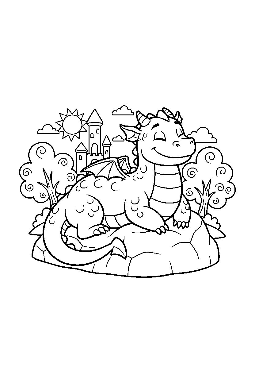 friendly dragon relaxing peacefully in a fantasy land line art