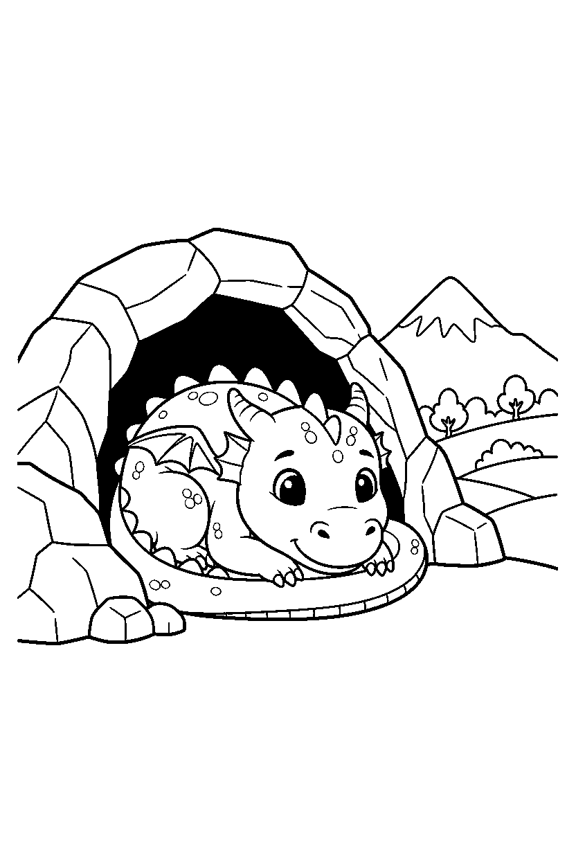 friendly dragon resting peacefully near a mountain cave line art