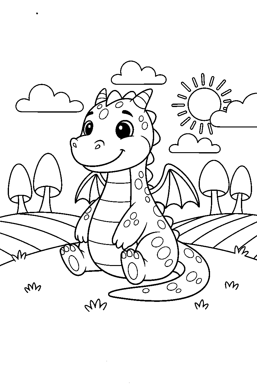 friendly dragon sitting peacefully in a peaceful countryside line art