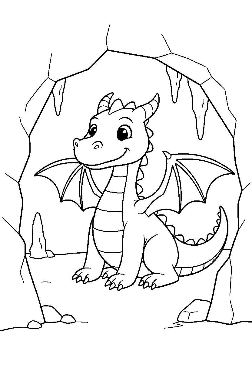 friendly dragon spreading wings in a hidden cave line art
