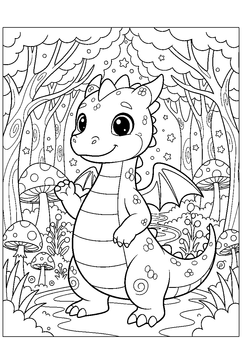 friendly dragon standing bravely in a magical forest line art