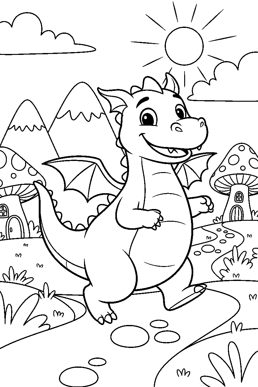 friendly dragon walking happily in a fantasy land line art