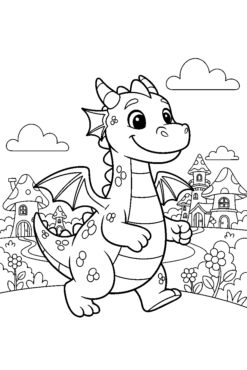 friendly dragon walking happily near a fantasy village line art