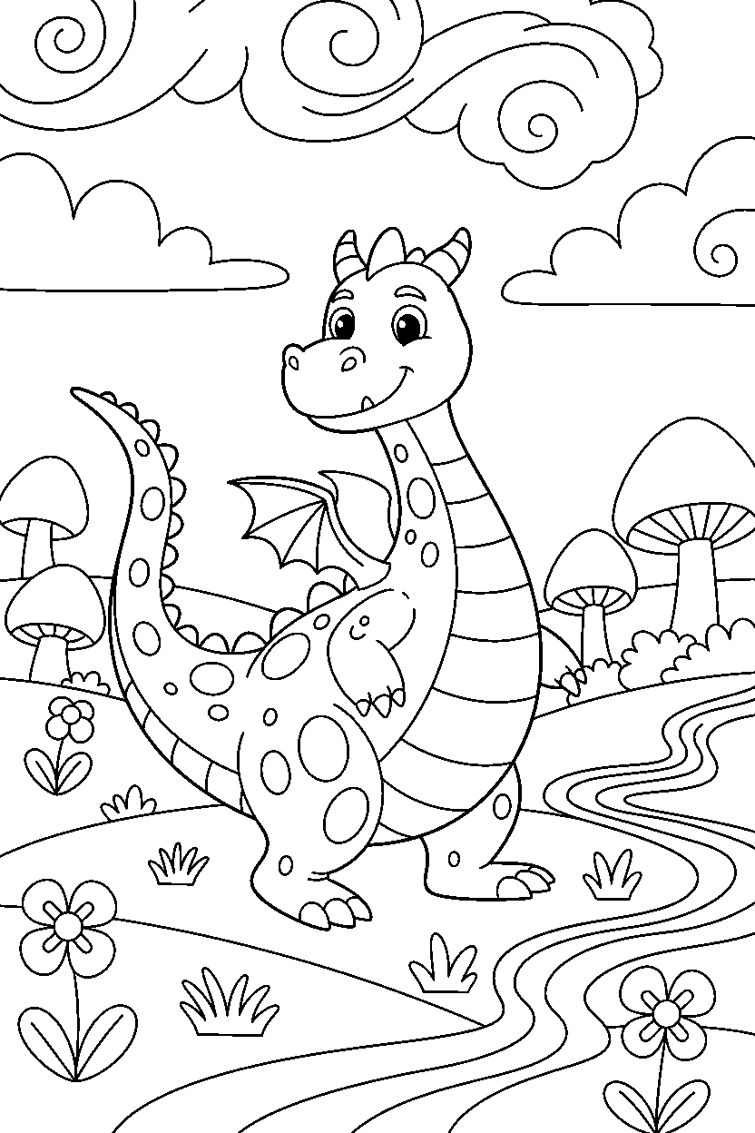 friendly dragon walking proudly in a colorful world line art