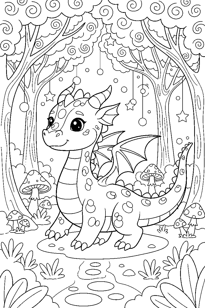 friendly dragon walking proudly in a magical forest line art