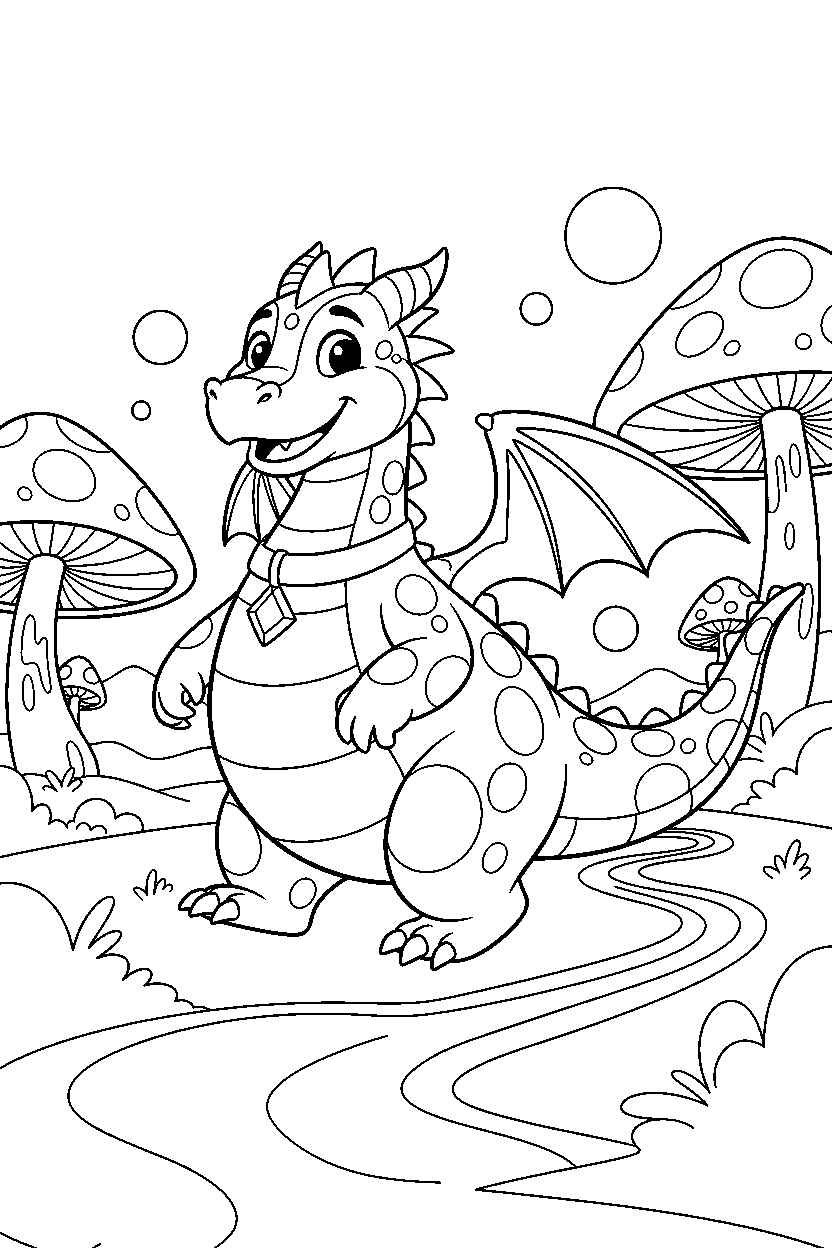 friendly dragon walking proudly in a magical landscape line art