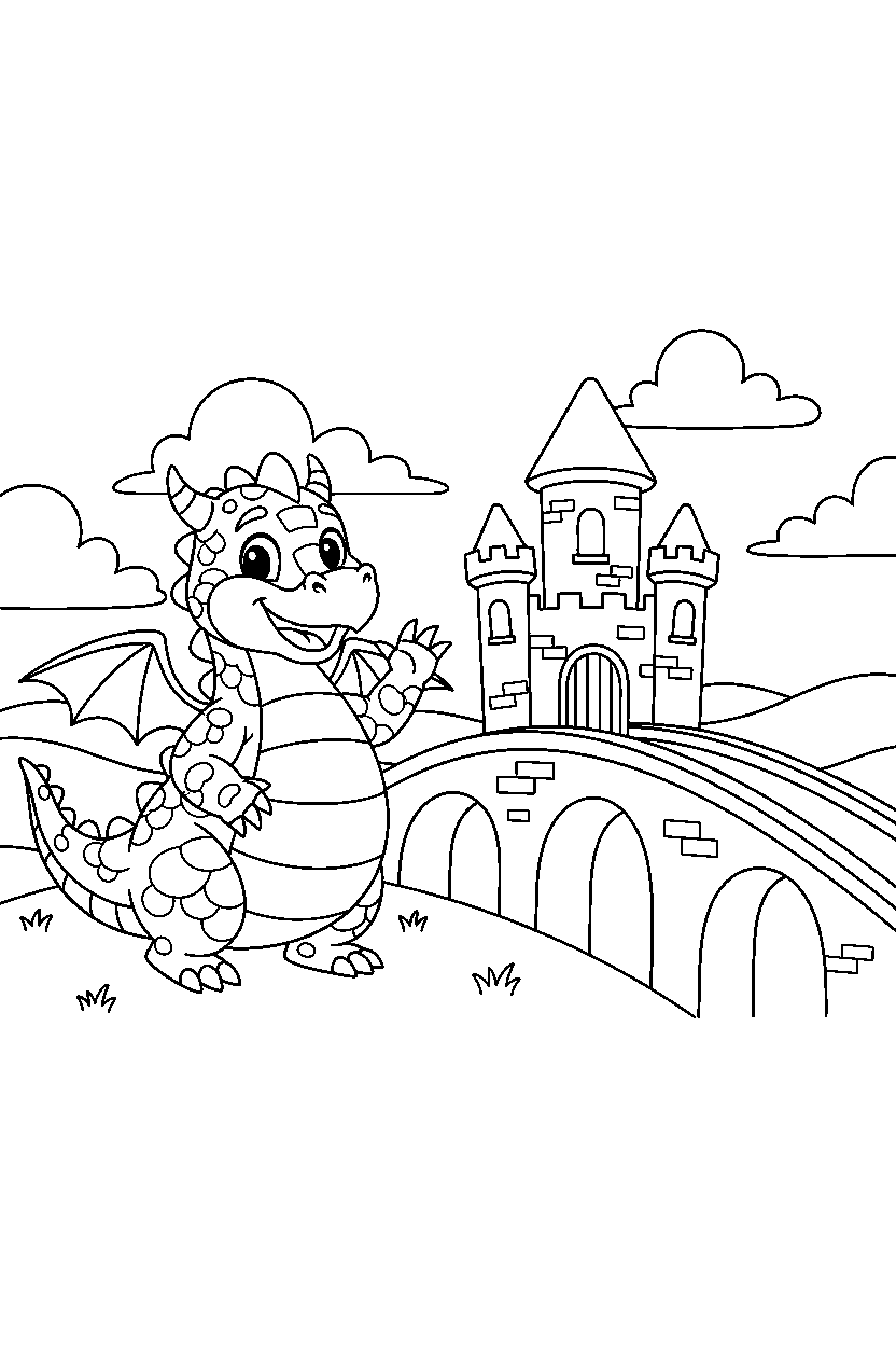 friendly dragon waving happily near a castle bridge line art