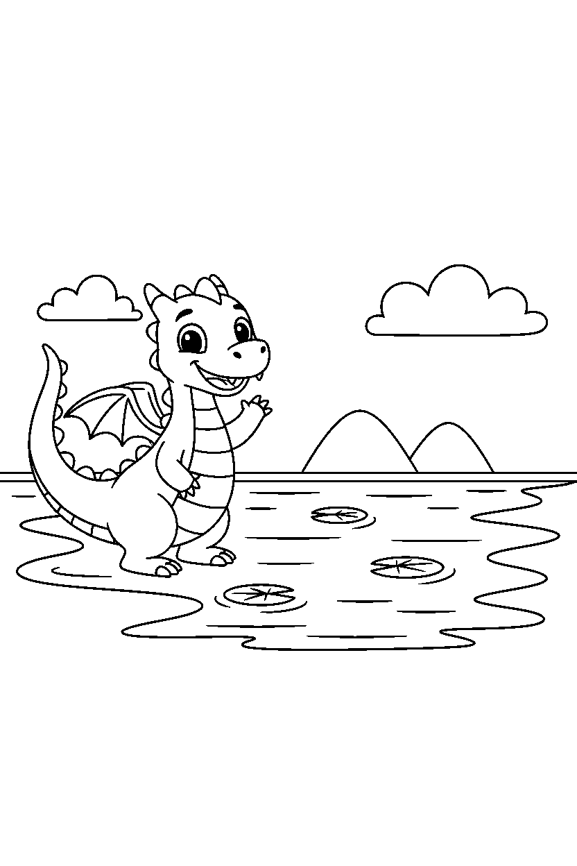 friendly dragon waving happily near a peaceful lake line art