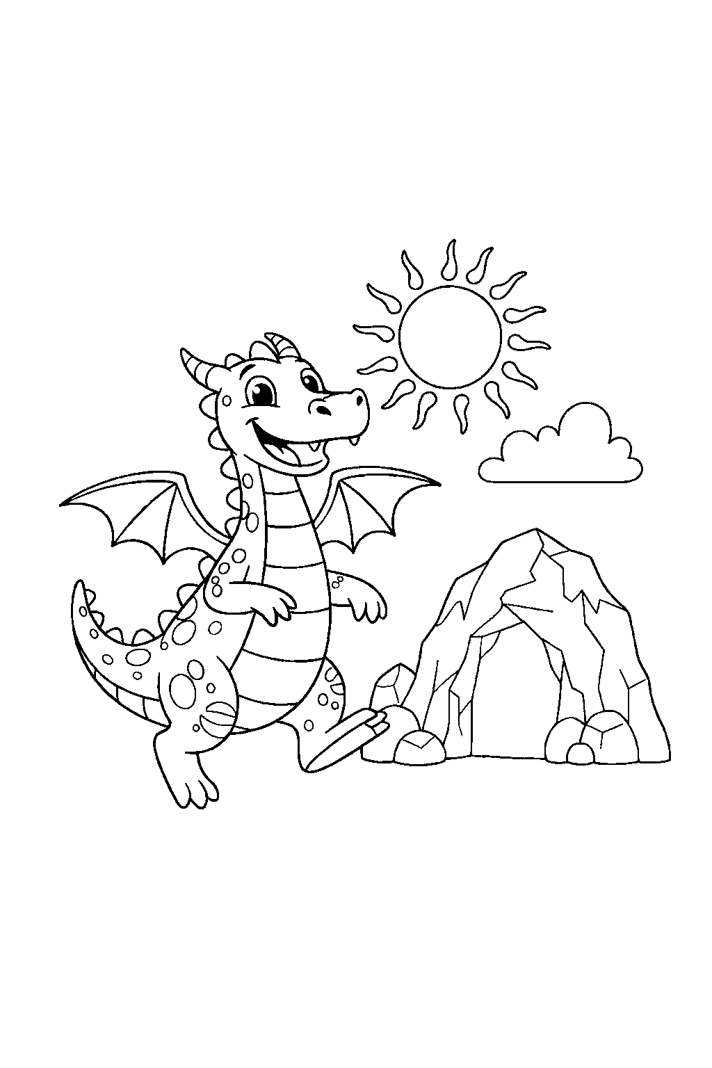 giant dragon walking happily near a mountain cave line art