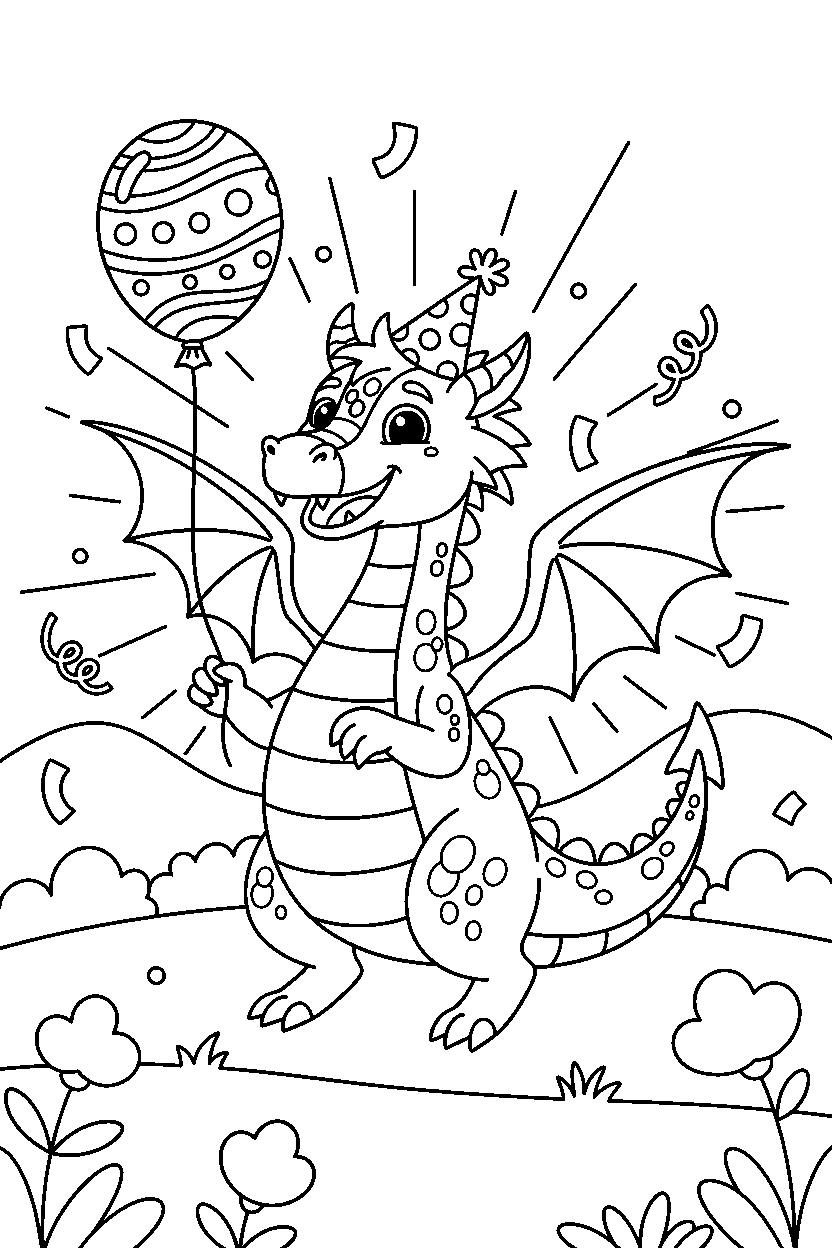 golden dragon celebrating happily in a glowing valley line art