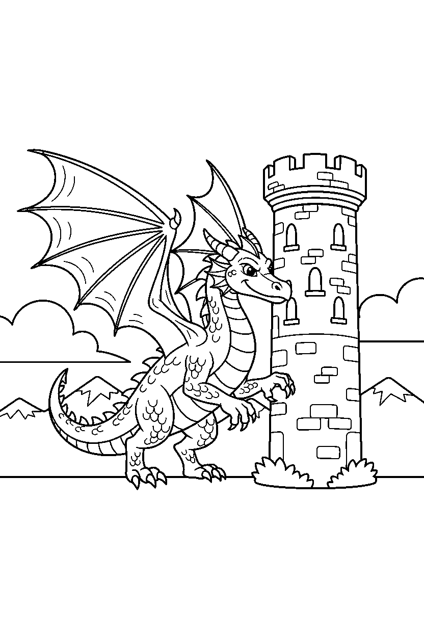 golden dragon getting ready to fly near a castle tower line art