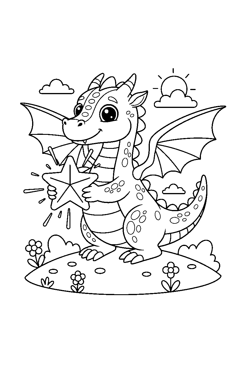 golden dragon holding a star on a bright hill line art