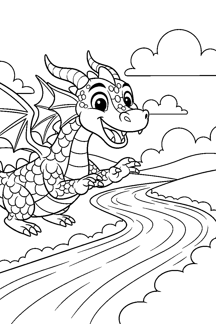 golden dragon looking excited near a glowing river line art