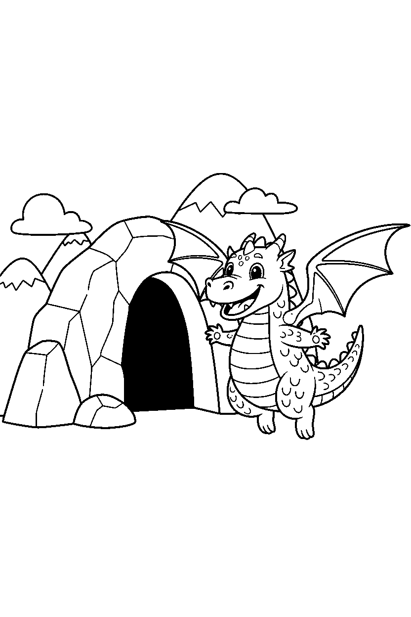 golden dragon playing happily near a mountain cave line art