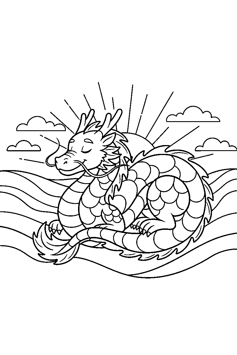 golden dragon relaxing peacefully in a glowing valley line art