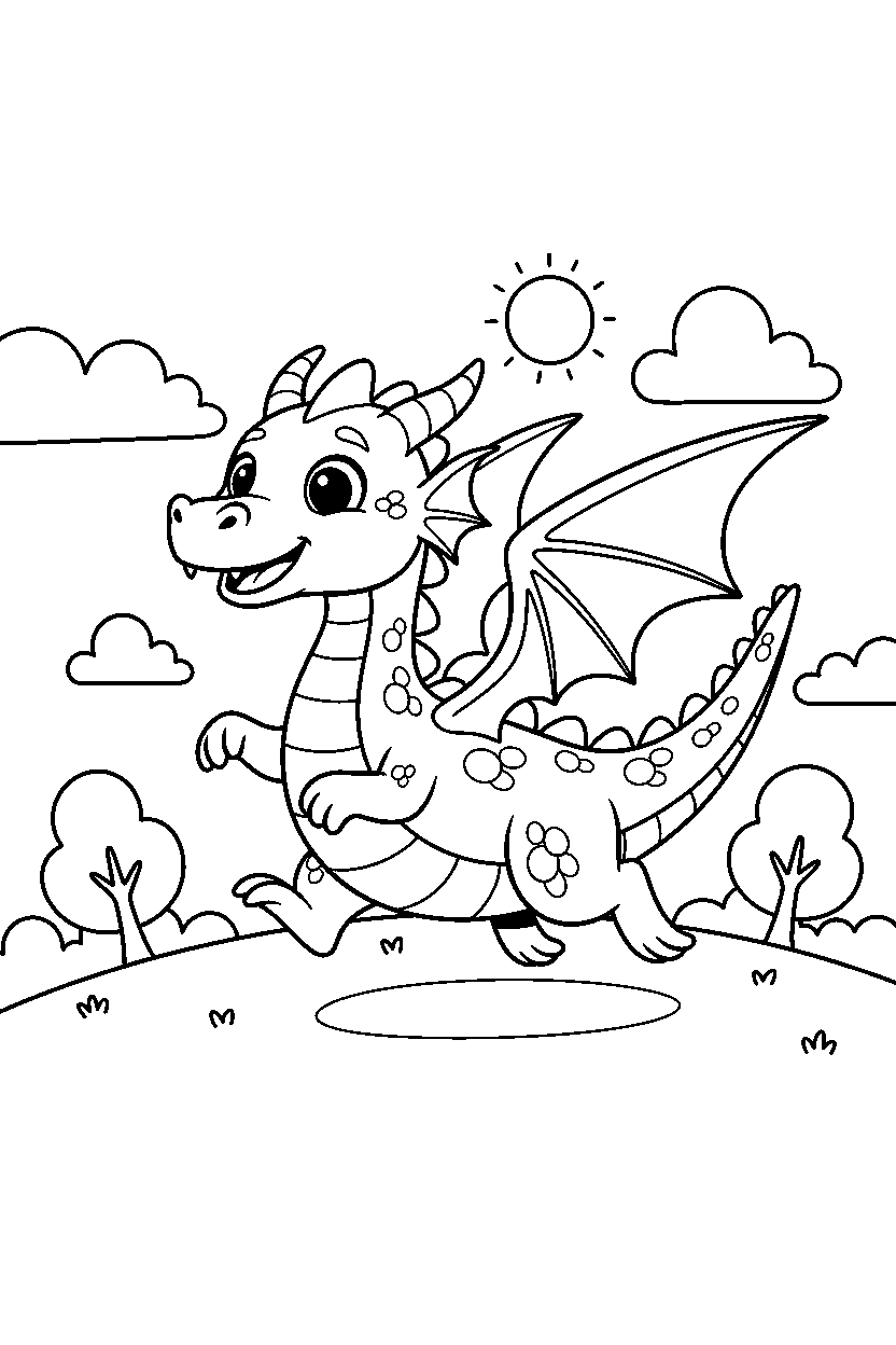 golden dragon running happily on a bright hill line art