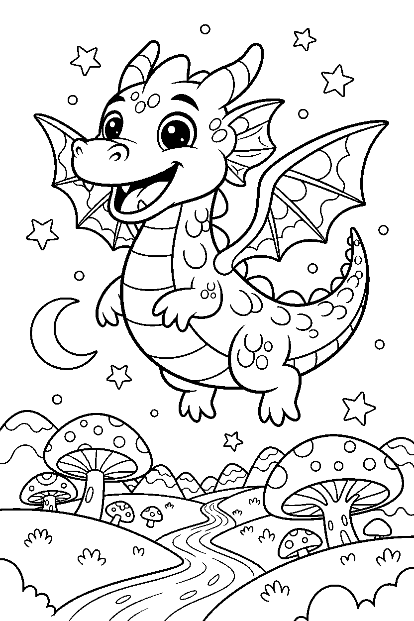 golden dragon smiling happily in a magical landscape line art