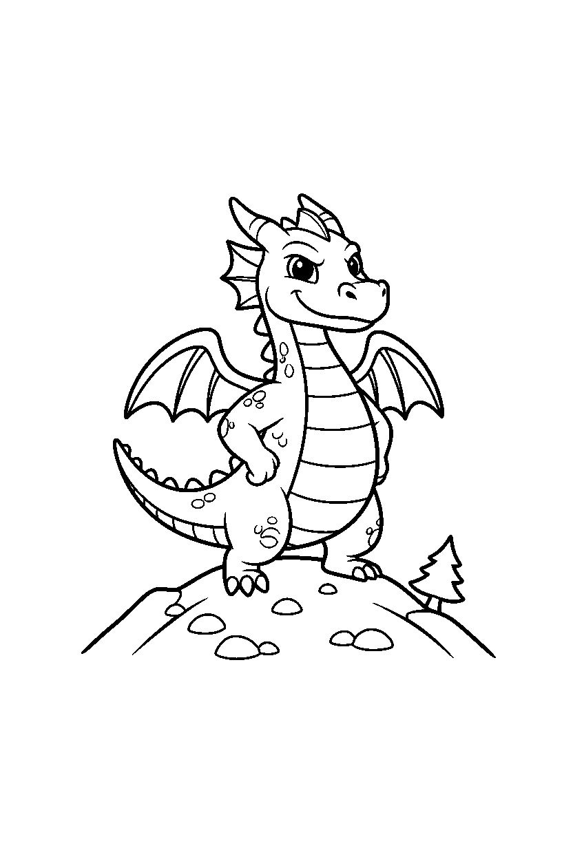 golden dragon standing bravely on a mountain hill line art