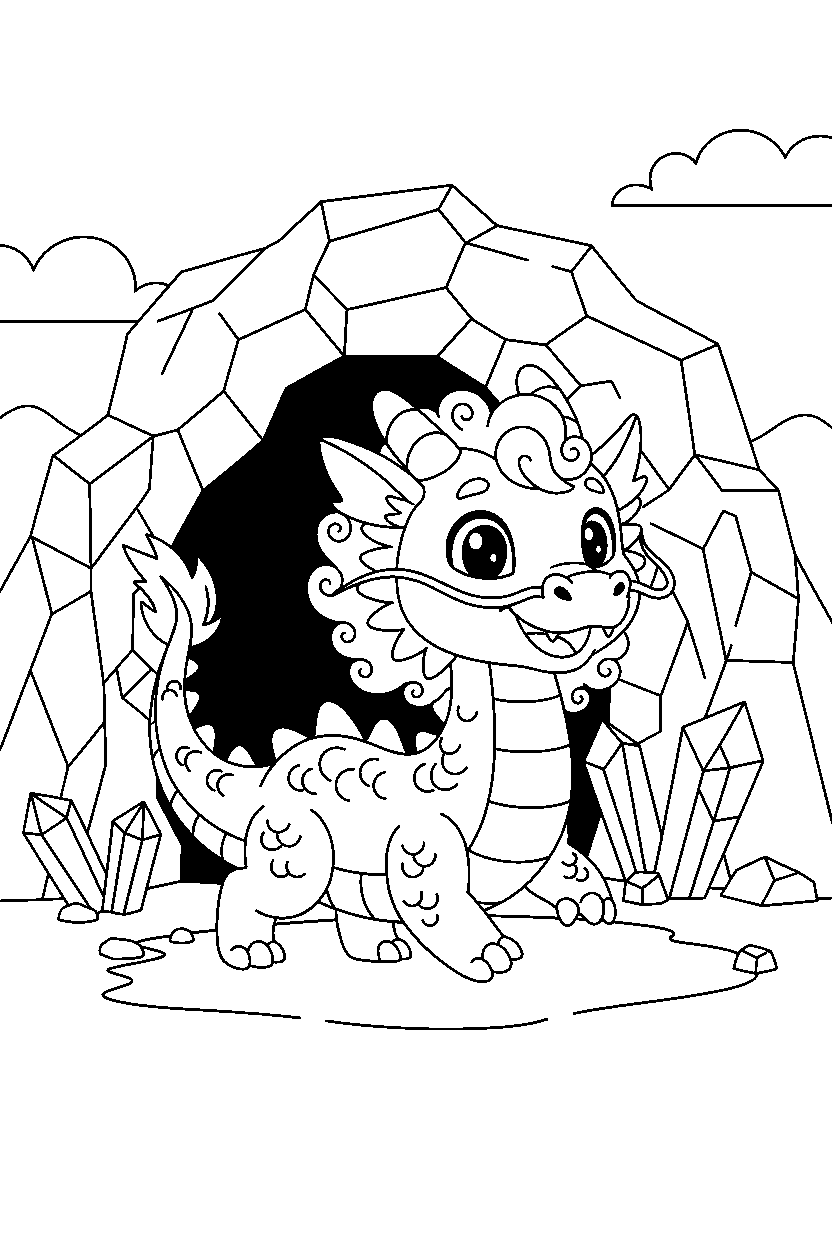 golden dragon trotting happily near a crystal cave line art