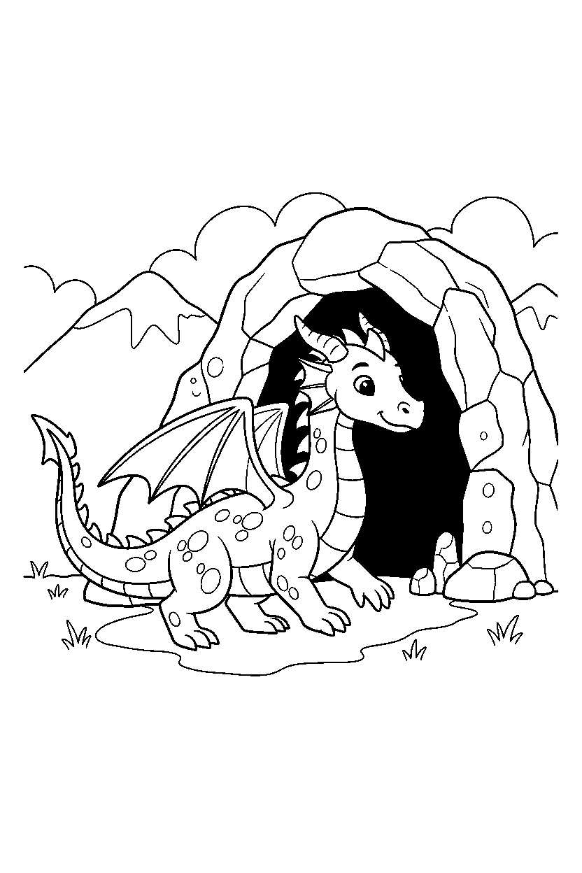 golden dragon walking gently near a mountain cave line art