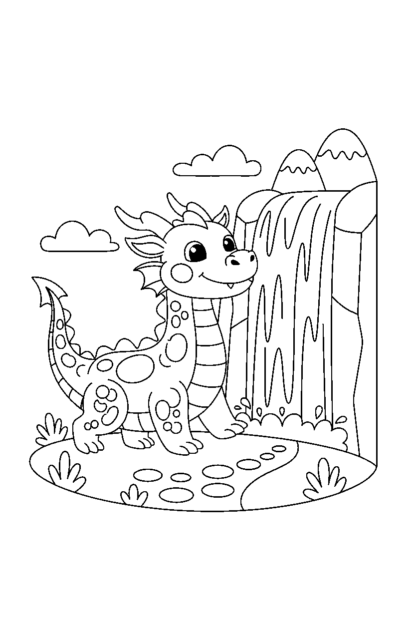 golden dragon walking happily near a waterfall line art