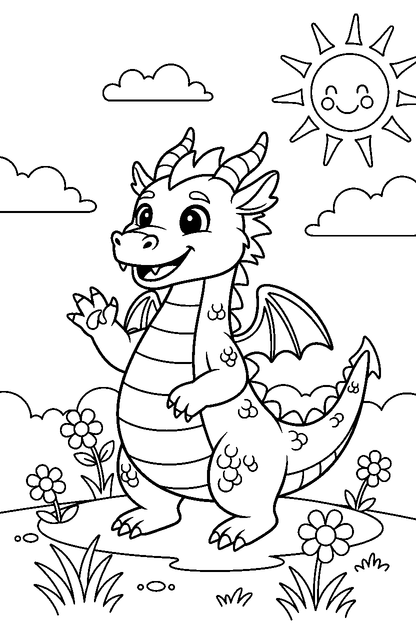 golden dragon waving happily on a sunny meadow line art