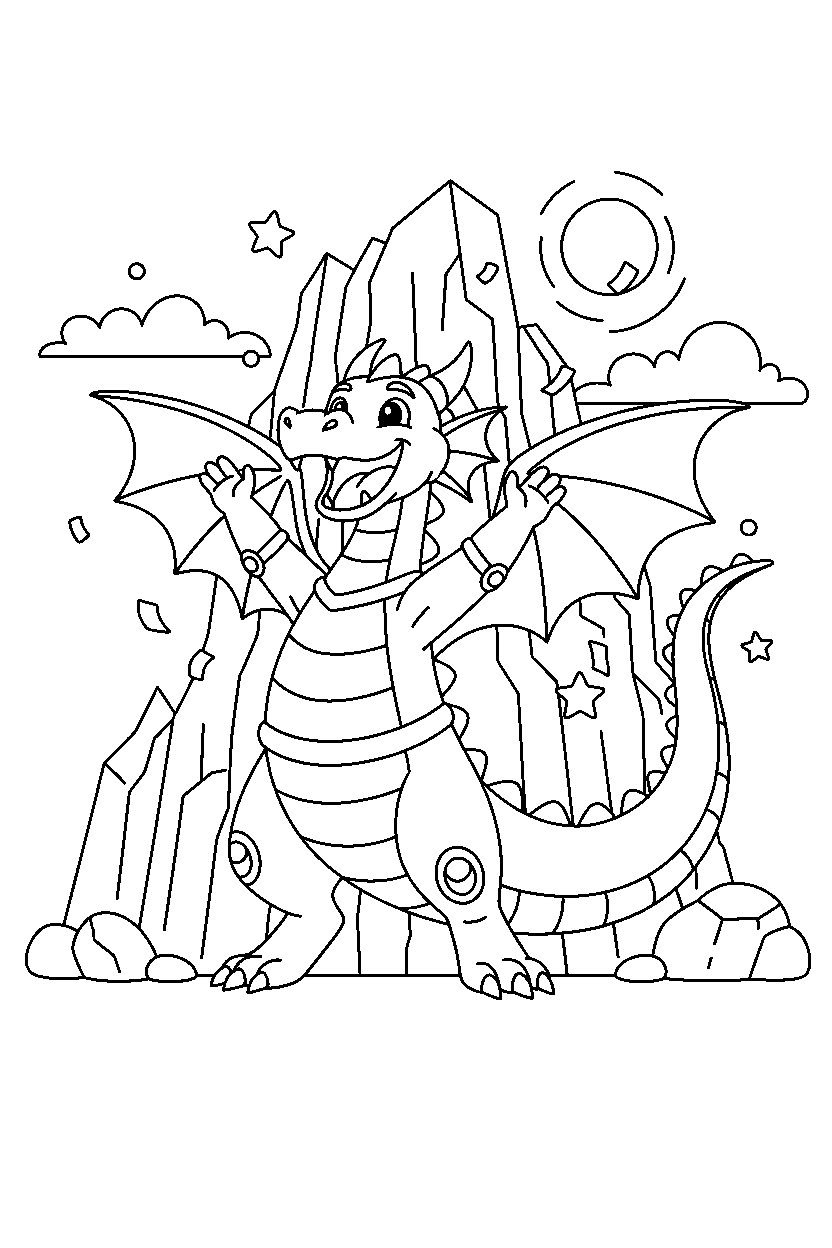 guardian dragon celebrating happily near a rocky cliff line art