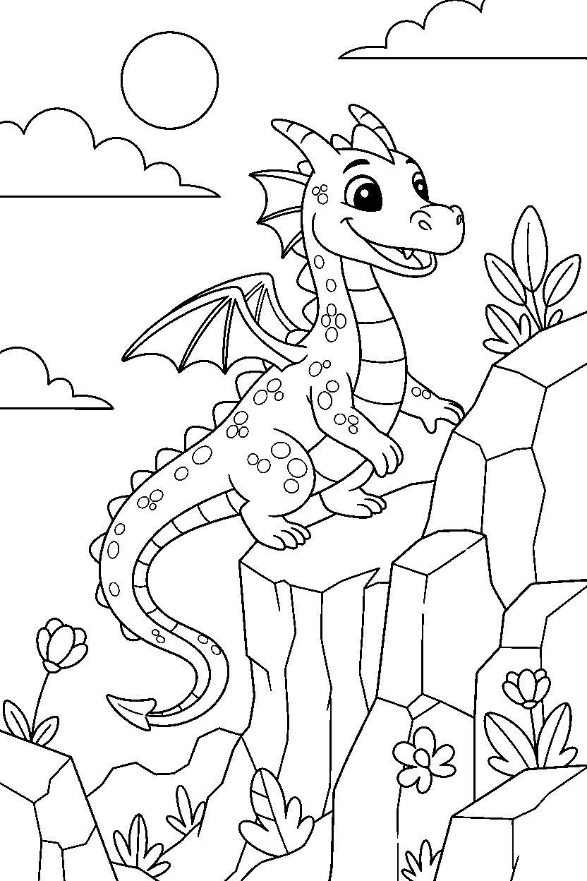 guardian dragon exploring happily near a rocky cliff line art