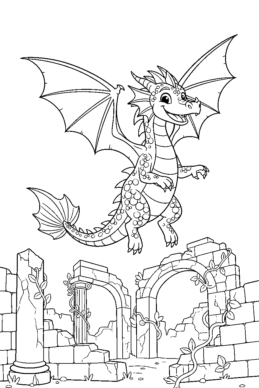 guardian dragon flying happily near ancient ruins line art