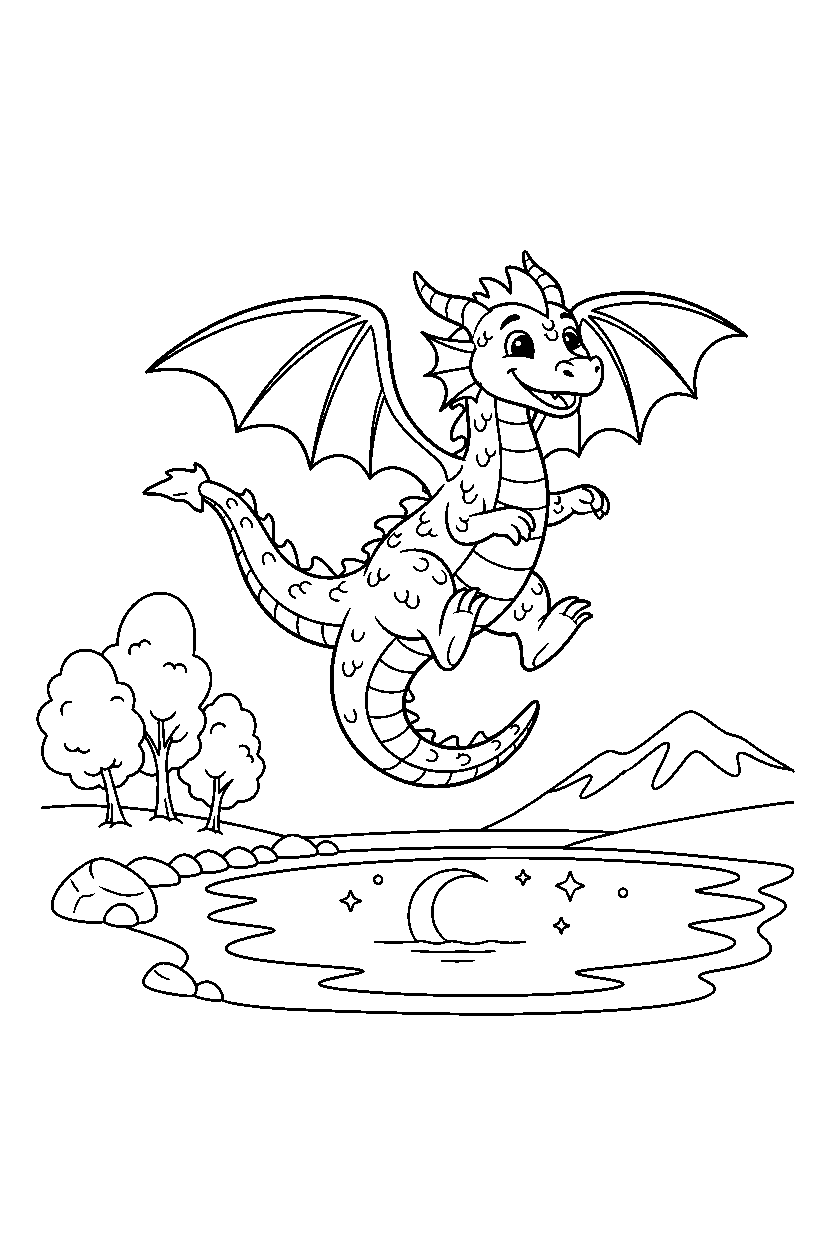 guardian dragon jumping with joy near a peaceful lake line art