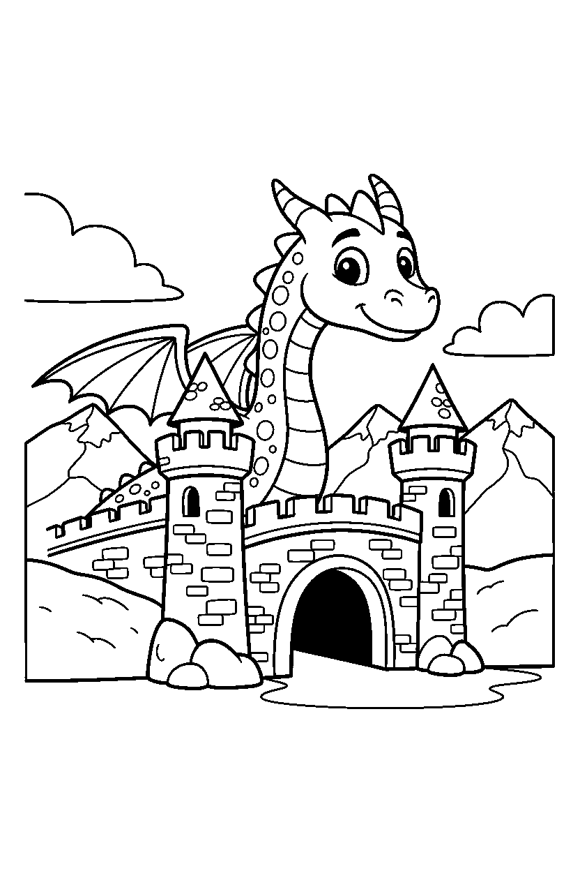 guardian dragon looking around near a castle bridge line art