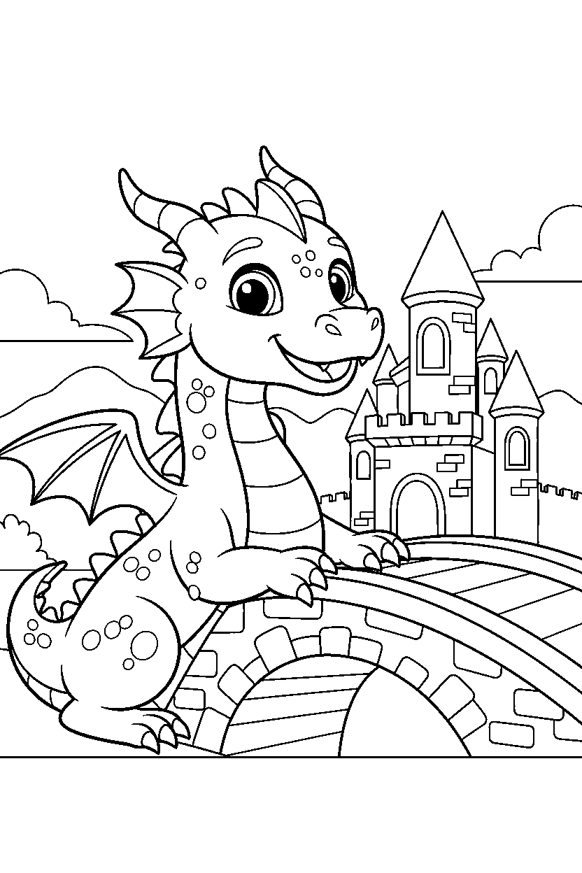 guardian dragon looking happy near a castle bridge line art