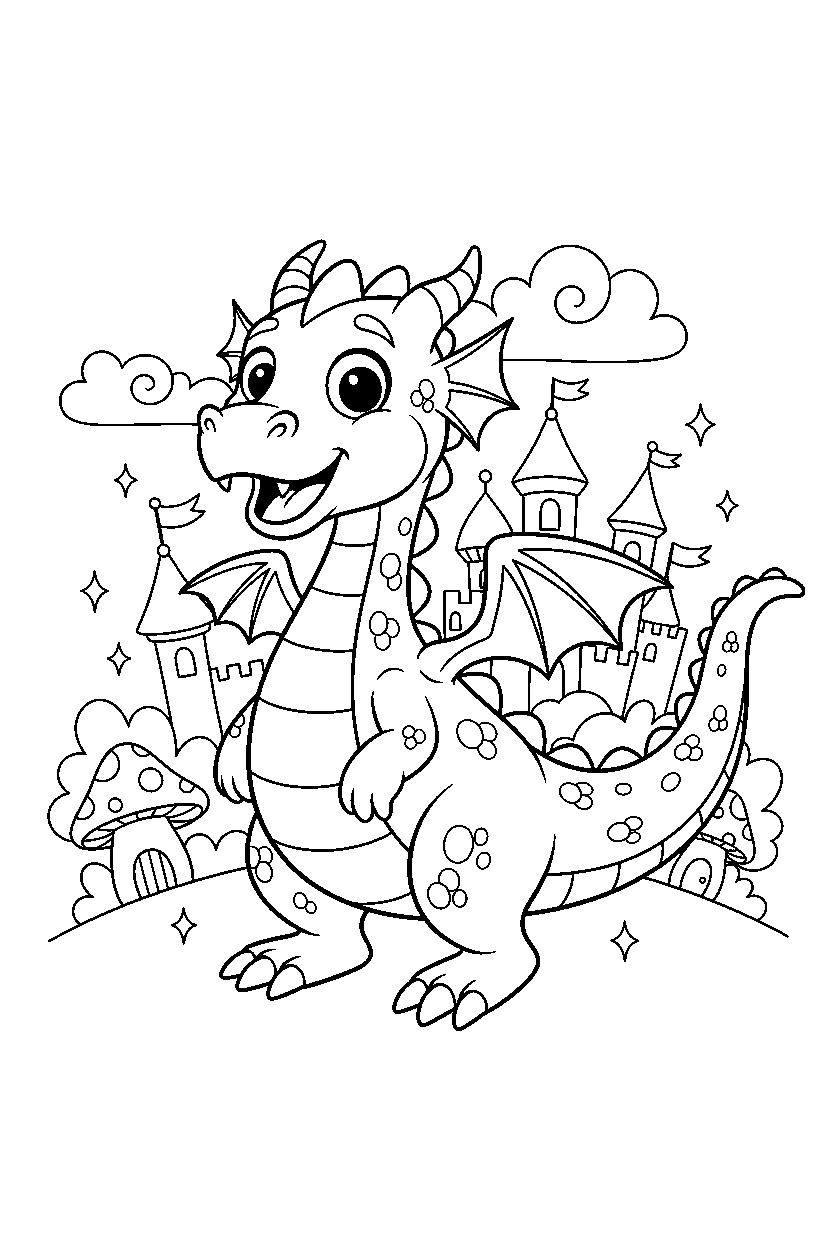 guardian dragon looking surprised in a magic kingdom line art