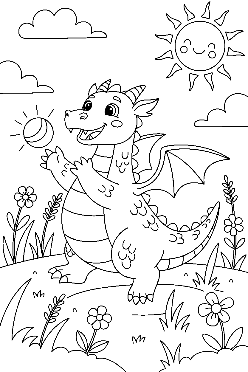guardian dragon playing happily on a sunny meadow line art