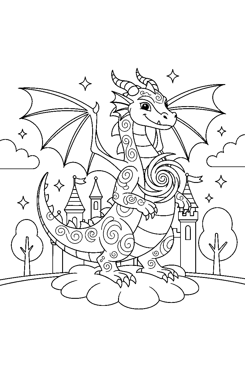 guardian dragon posing proudly in a magic kingdom line art