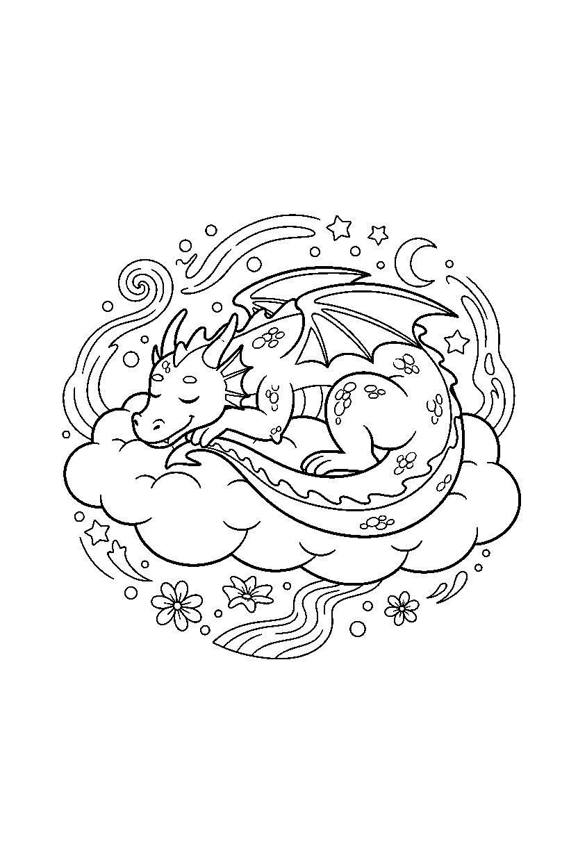 guardian dragon relaxing peacefully in a dream world line art