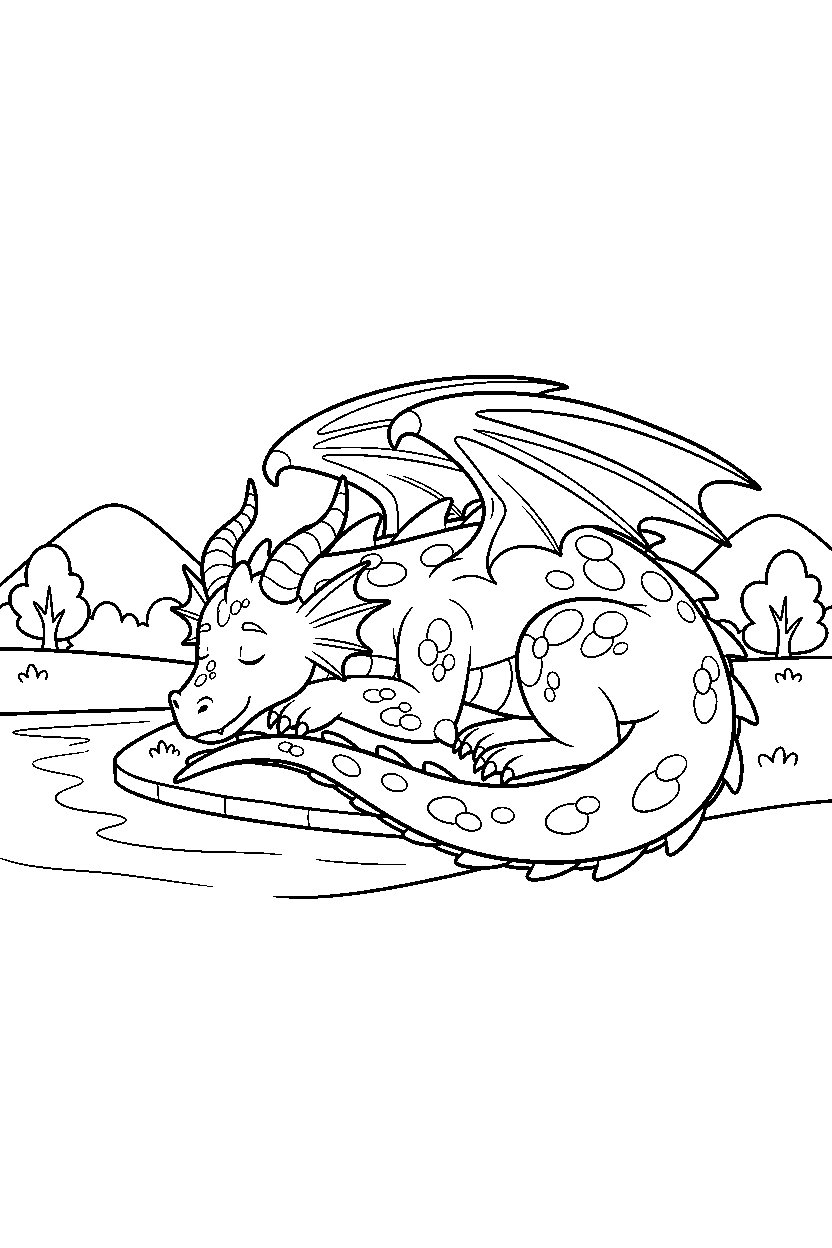 guardian dragon resting peacefully near a peaceful lake line art