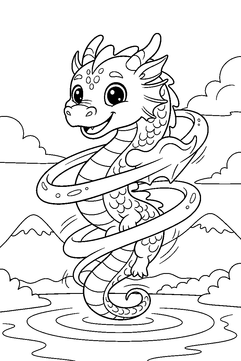 guardian dragon spinning happily near a peaceful lake line art