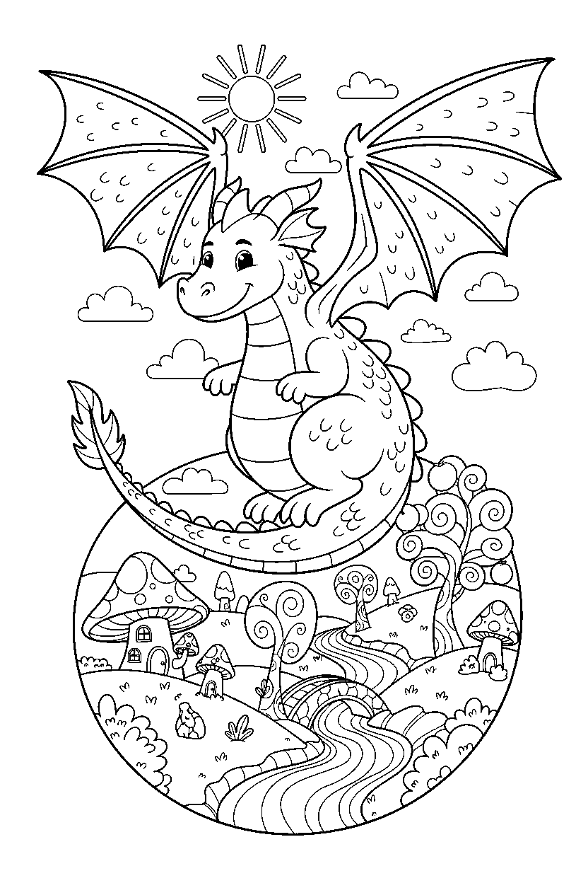 guardian dragon spreading wings in a colorful world line art