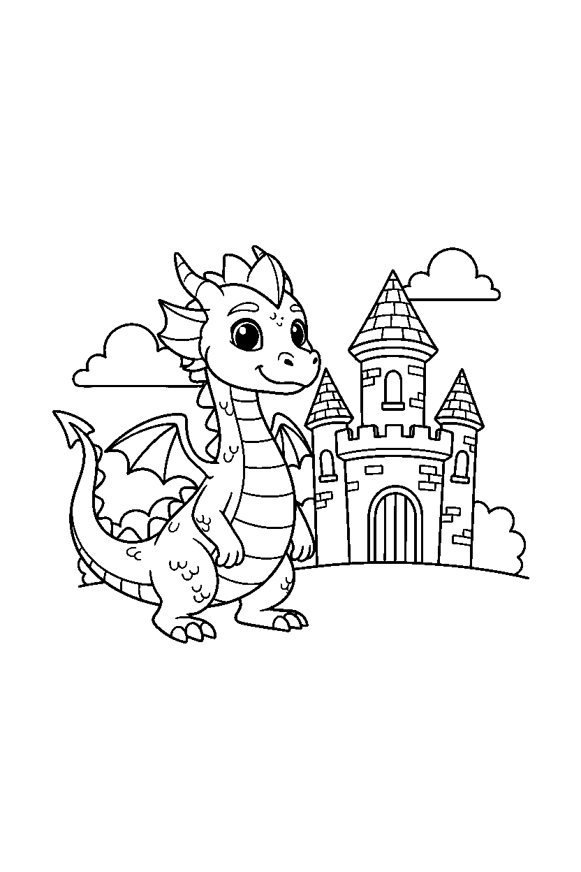 guardian dragon standing bravely near a castle line art