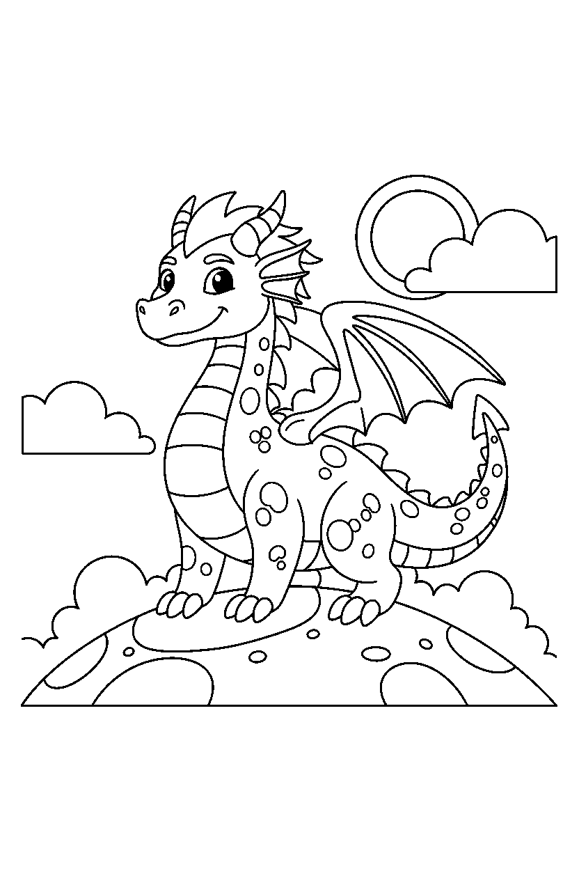 guardian dragon standing bravely on a bright hill line art
