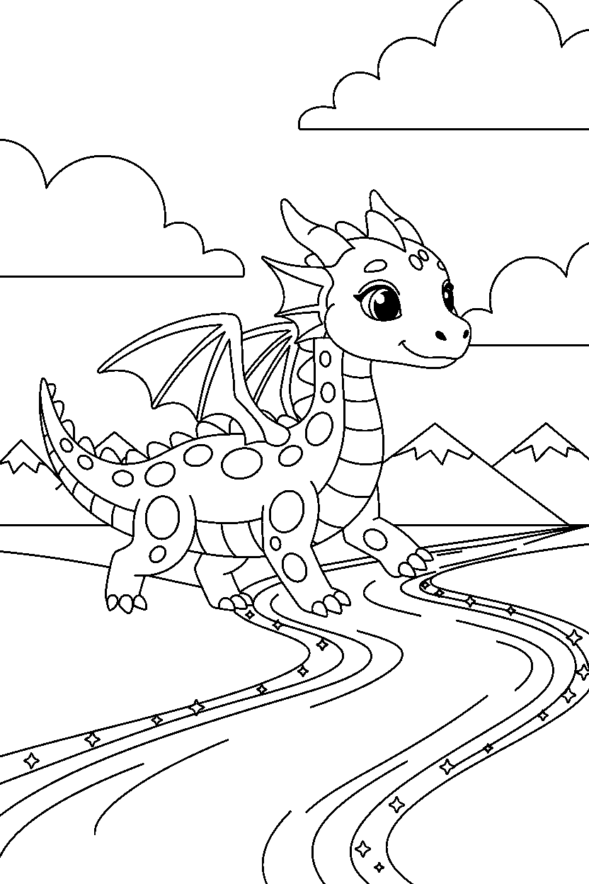 guardian dragon walking gently near a glowing river line art