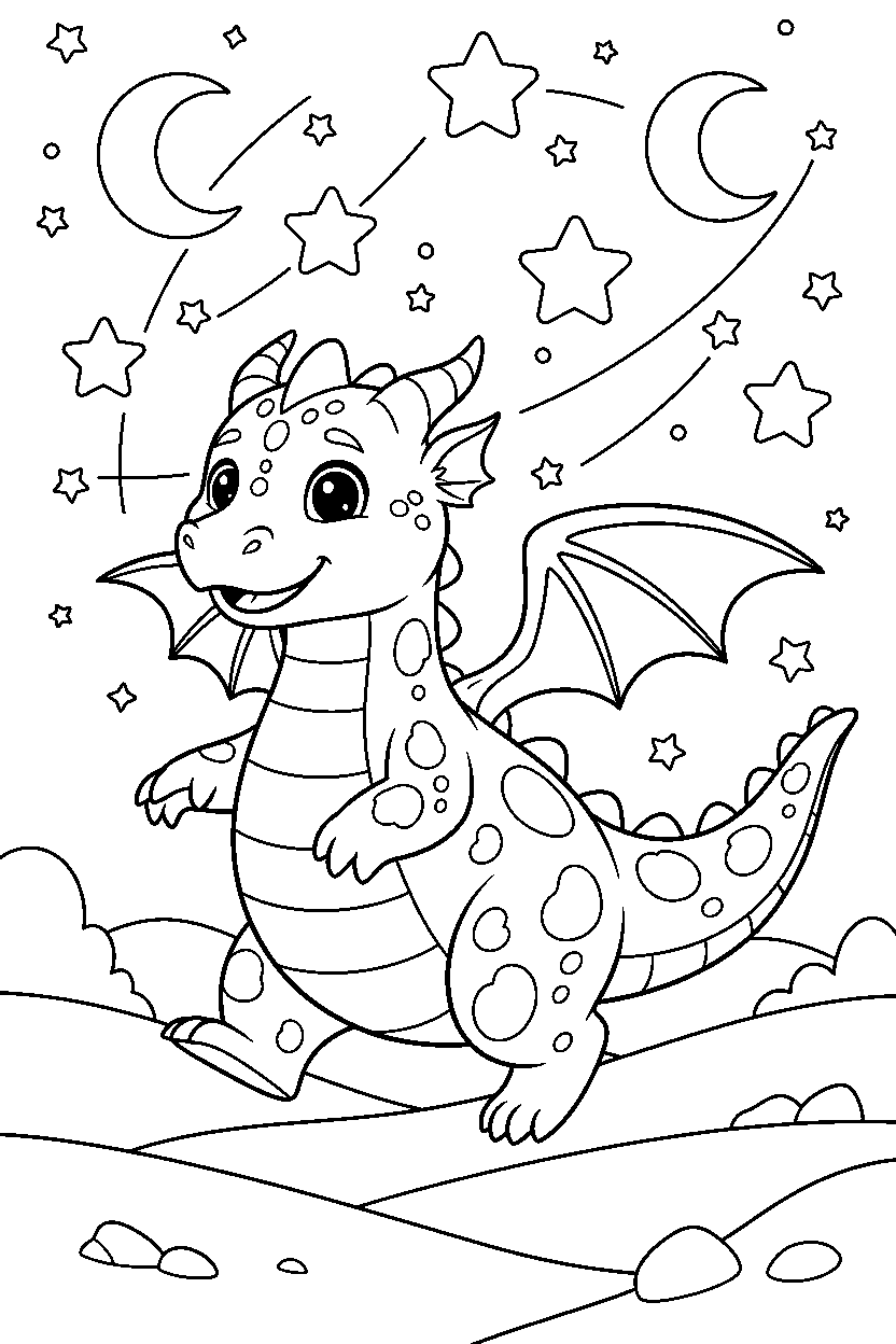 guardian dragon walking happily in a starry valley line art
