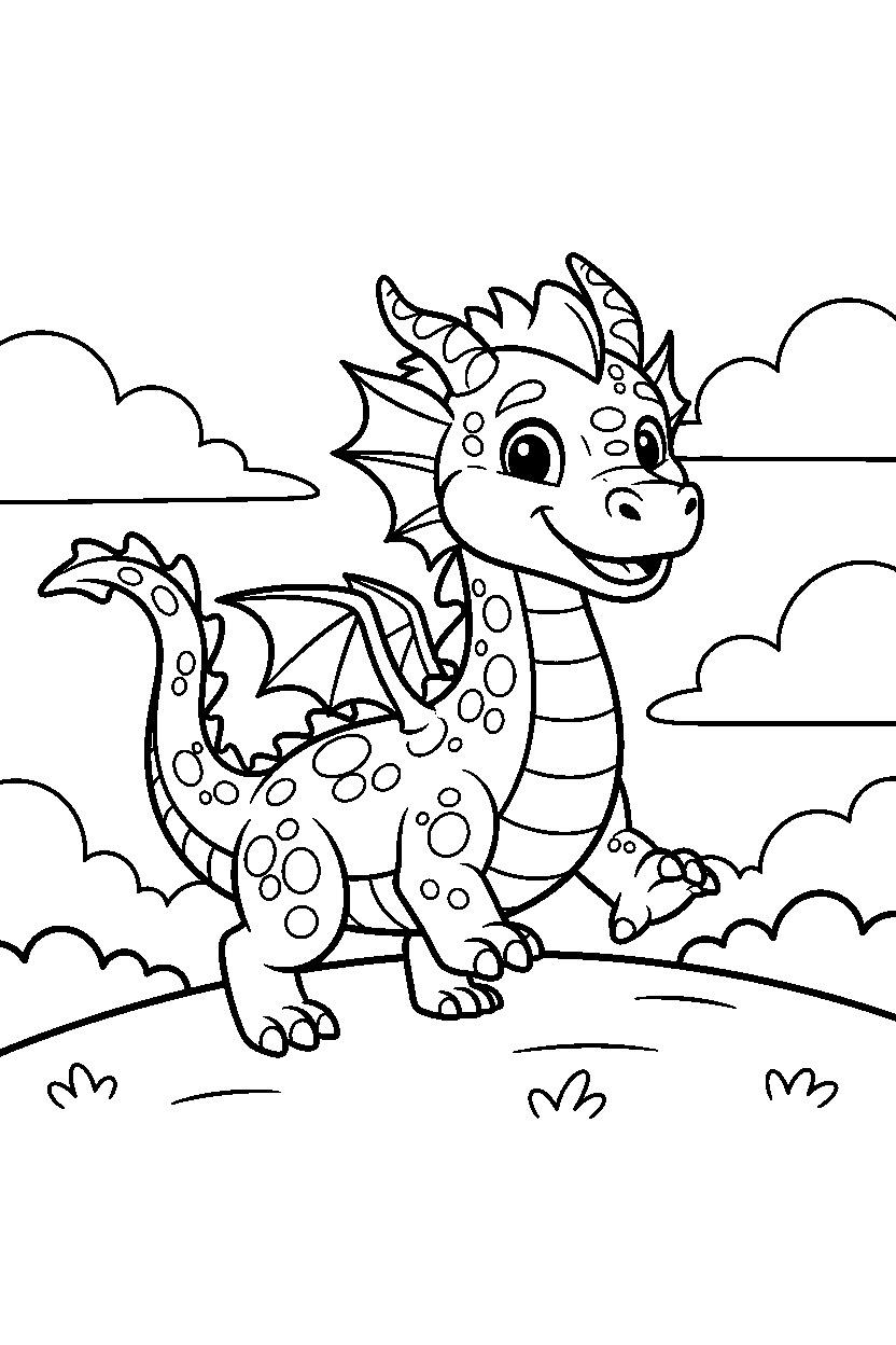 guardian dragon walking happily on a bright hill line art